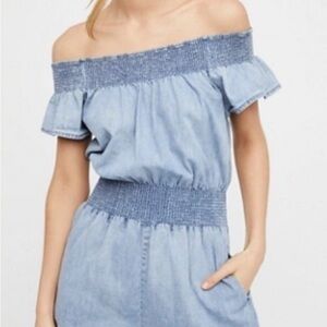 San Joy Smocked Blue Denim Romper Sz Medium